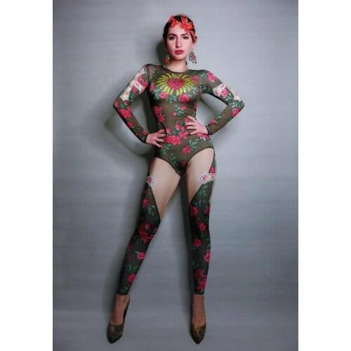 Women New Sparkly 3D Printed Rose Sexy Jumpsuits Evening Party Birthday Celebrate Costume Female Singer Stage Show Jumpsuits