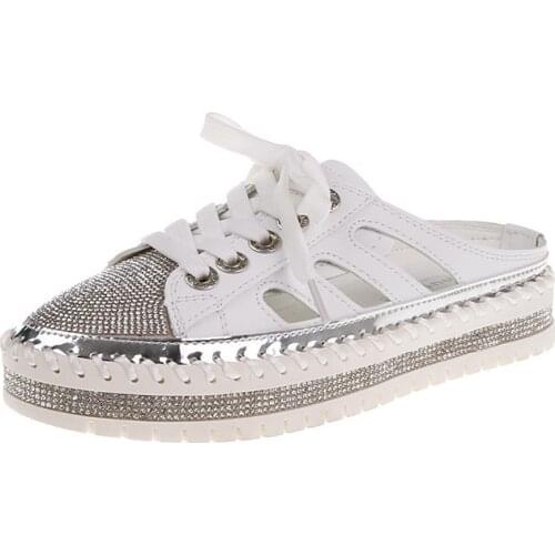 Womens Close Toe Slippers Rhinestone Decor Breathable Comfy All Match Lacing Up Casual Slippers