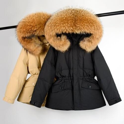 2021 Winter Real Natural Fur Hooded Down Jacket Women 90% White Duck Filling Loose Warm Thickness Snow Outwear Adjustable Waist