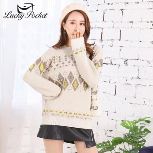 Women SPring Autumn Fashion Black O-Neck Long Sleeve Pullovers Female Khaki Geometric Embroidery Casual Sequins Sweater QL366