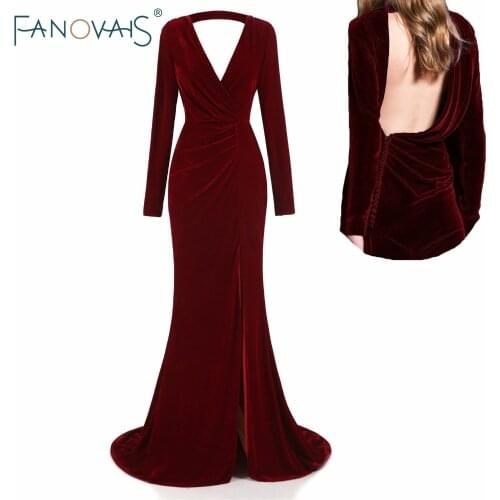 Burgundy velvet Evening Dresses Long Sleeves robe de soiree longue 2019 Prom Dress abendkleider vestidos de fiesta de noche