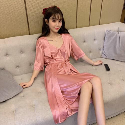 New summer French female pure color pajamas home dress sexy silk feel smooth fabric loose skirt with shoulder-straps two-piece