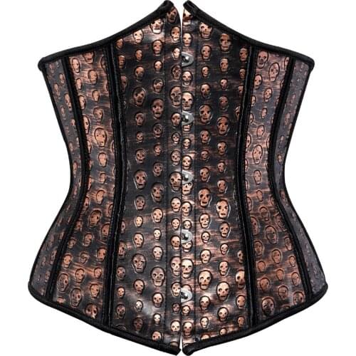Womens Faux Leather Steampunk Skull printed Underbust Brown Corset Boned Lace up Bustier Gothic Top Plus Size S-6XL