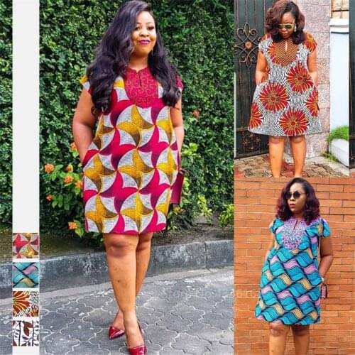 Summer V-neck Dress Ladies 2020 African Clothes 4Colors Plus Size Pocket Elegant Dashiki Print African Dresses for Women Robe