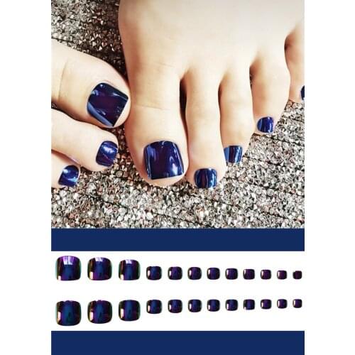 24pcs Phantom Blue Fench Nail for Toes Wide Designed Classical Artificial Fake Toenails Summer Mirror False Nail Manicure