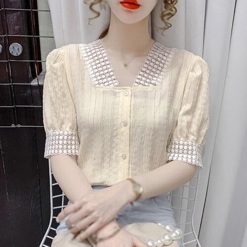 Single Breasted Pleated Women Blouses Spring Summer V-neck Bubble Sleeve Blouses Lace Shirt