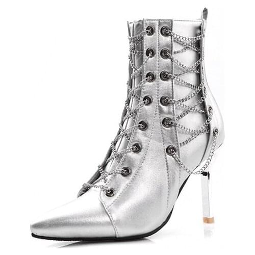 New women boots pointed toe lace up autumn winter boots vintage high heels ladies fashion Chain ankle boots