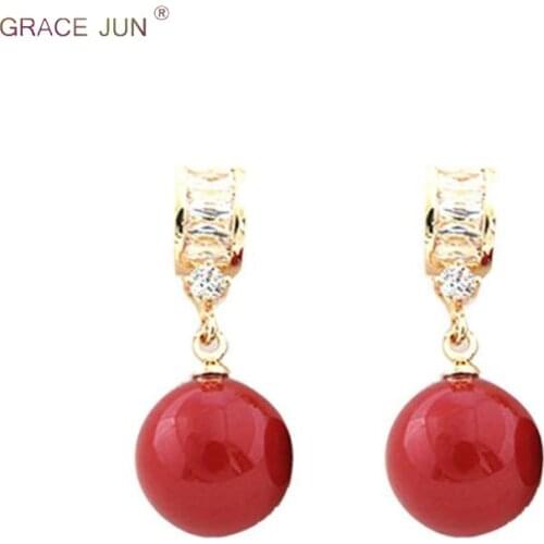 GRACE JUN Gold Color Red Pearl Clip on Earrings Without Pierced for Women Luxury Fashion Drop Pierced Earrings Factory Wholesale