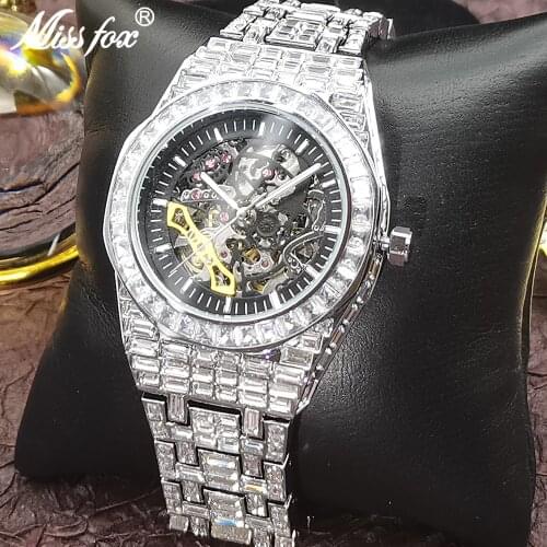 MISSFOX Mechanical Hollow Men Watches Automatic Diamond Stainless Steel Fashion Watch Hip Hop Iced Out Luxury AAA Male Clocks