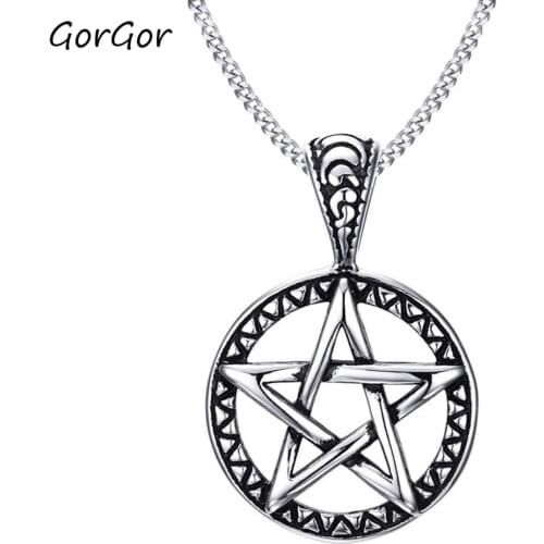 GorGor Trendy Stainless Steel Solid Five-pointed Star Round Long Chain Pendant Necklace for Business Men Jewelry Gift PN-566