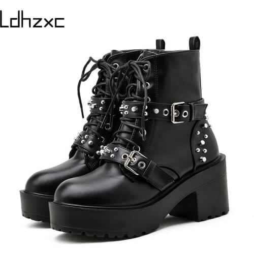 LDHZXC 2020 winter New Arrivals Ankle Boots Womens Shoes Chunky platform High Heel Female Lace-Up Gothic Ladies Shoes