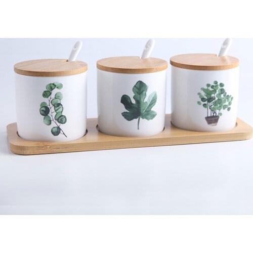 Ceramic spice container Set Nordic Seasoning Containers Household Green Vegetation spices box Kitchen Three-Piece Set