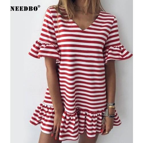NEEDBO Summer Dresses Large Size Casual Flare Sleeve Party Short Mini Dresses Ruffles Sexy Stripe Dress Women Elegant Vestidos