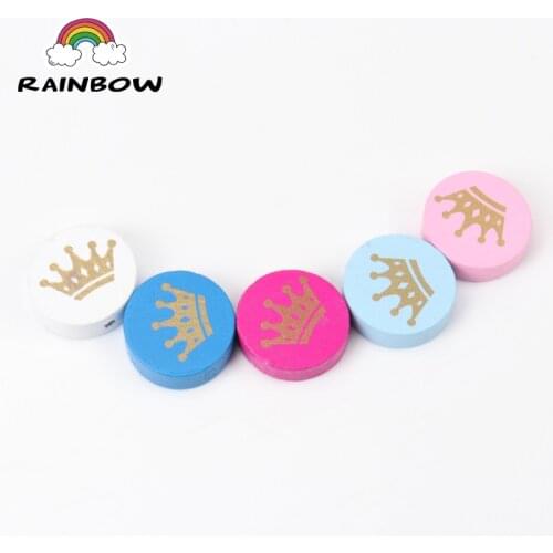 Mixed Colors Crown Pattern Round Wooden Material Spacer Beads For Jewelry Making DIY 20mm 20pcs