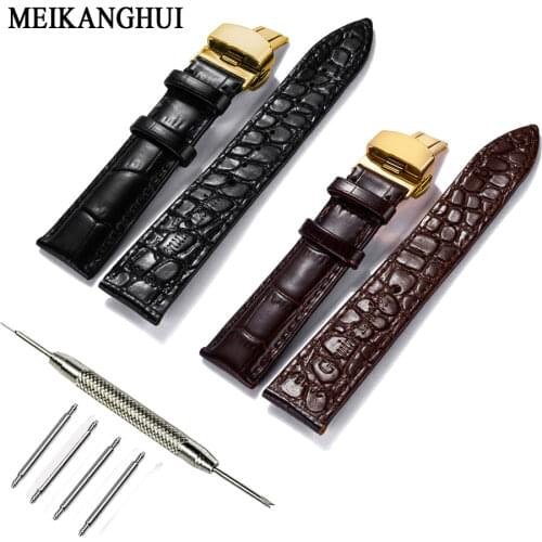 MeiKangHui Genuine Leather Watchband 16mm 18mm 20mm 22mm Universal Watch Pulseiras Steel Buckle Strap Wrist Belt Bracelet + Tool