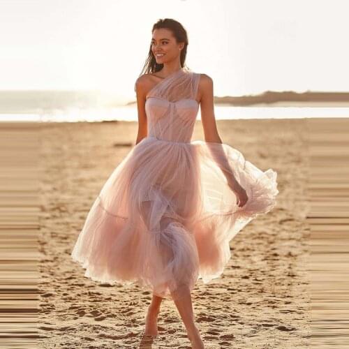 Romantic Pink A-line See-through Puff One-shoulder Prom Gowns Fashion Women Beach Photography Party Dresses Custom Made