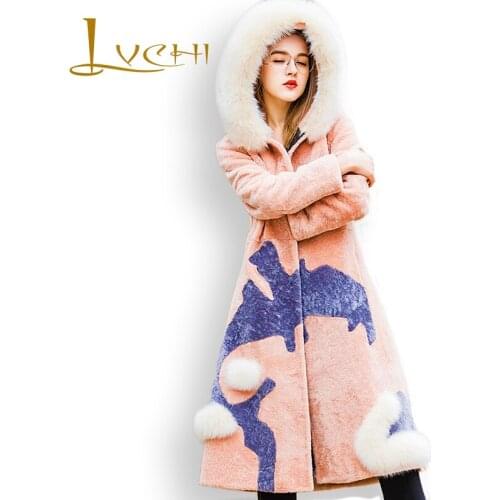 LVCHI Winter 2019 High Quality With Fox Fur Collar Coat Fur Fashion Cloak Fur Pattern Vogue Women Clothing Plus Size Fur Coats