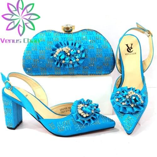 Blue Hot Selling Fashion Butterfly Style Crystal Decoration Party Wedding Women Shoes and Bag Set in Red Color New 2021 African