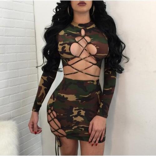 Sexy Bodycon Dresses For Woman 2019 Womens Two Piece Sets Long Sleeve Camouflage Bandage Hollow Out Short Wrap Femme DD1804