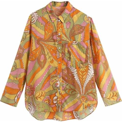 2021 Summer Women Long sleeve Print TurnDown Collar Single Breasted slim Shirt Female streetwear Shirts Ladies casual Shirt