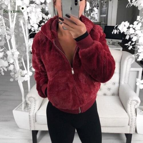 Autumn Winter Women Warm Faux Fur Hooded Velvet Bomber Jacket Female Red Black Fleece Teddy Coat Ladies Fluff Clothes Plus Size