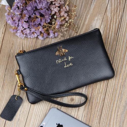 Genuine Leather Women Wallets Fashion Bee Zippers Bag 2020 Long Coin Purse Female Clutch Ladies Real Leather Big Capacity Wallet