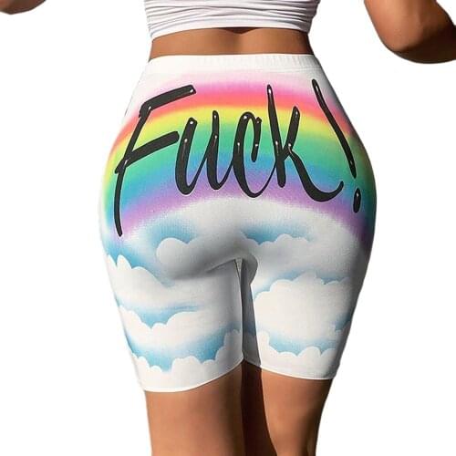 2020 Fall Women’s Summer Casual Short Pants Fresh Rainbow Print High Waist Elastic Tight-fitting Pants Sportswear Streetwear