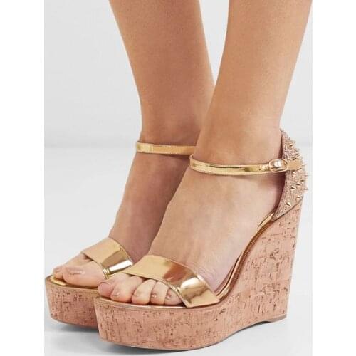 Moraima Snc Newest Wooden Wedge Shoes Woman Gold Leather Rivets Studded Ankle Strap Gladiator Sandals Super High Dress Heels