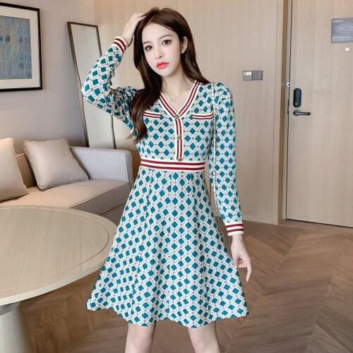 2021 New Plaid Green Dress Women Elegant Button Up Autumn Winter Vintage High Quality Ladies Knitted Party Dresses Vestidos