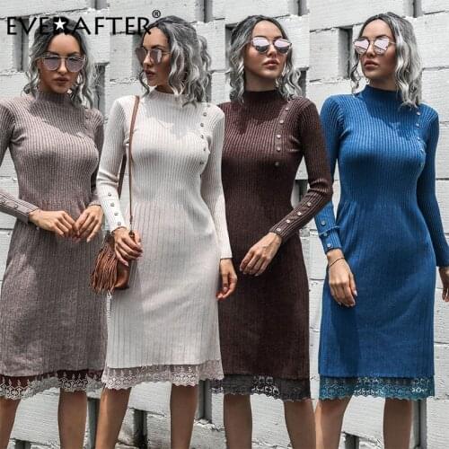 EVERAFTER Casual stand women knitted dress Autumn winter button lace elegant bodycon solid dress female sweater midi dress 2020