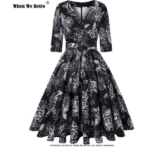 When We Retro Plus Size 4XL Women Midi Cotton Vintage Dress 3/4 Sleeve Black White Flower Floral Dress Party A-Line Dress SD0006