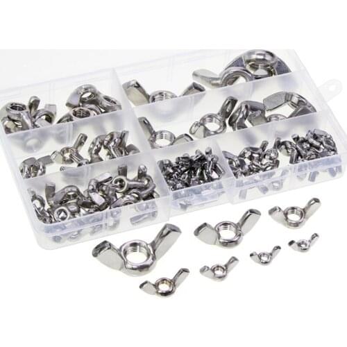 100pcs Wing Nut Assortment kit Stainless Steel Butterfly Screw Cap Hand Nut Locking Wingnuts Fastener Tool M3M4M5M6M8M10M12