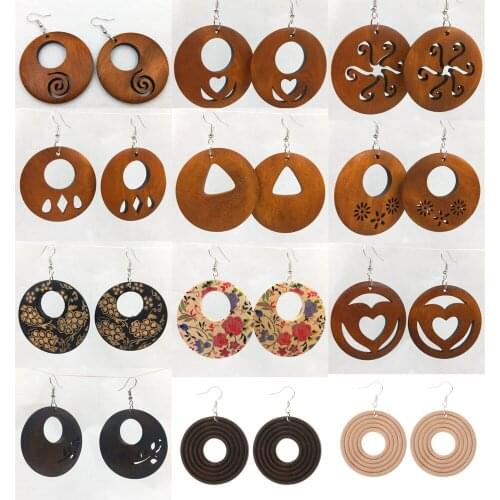 12 Pairs Different Styles Good Quality Wood Earrings Organic brown Hollow African Woman Wooden Brincos Pendant