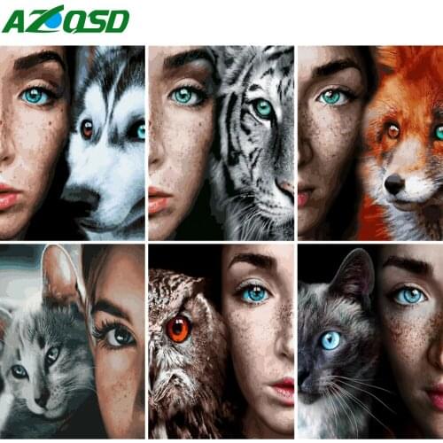 AZQSD Diamond Embroidery Woman Cat Tiger Mosaic Rhinestones Full Square Diamond Painting Portrait Cross Stitch Home Decoration