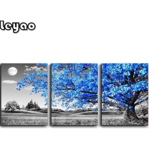 Diamond Painting Cross Stitch Abstract Painting Blue Tree Black And White Moon Landscape Triptych Painting Diamond Embroidery