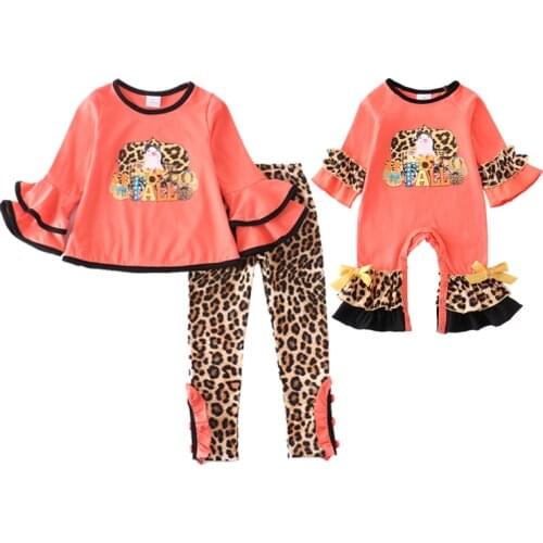 Girlymax Fall/Winter Baby Girls Ruffles Coral Leopard Pig Boutique Outfits Pants Set Romper Toddler Sisters Wear Kids Clothing
