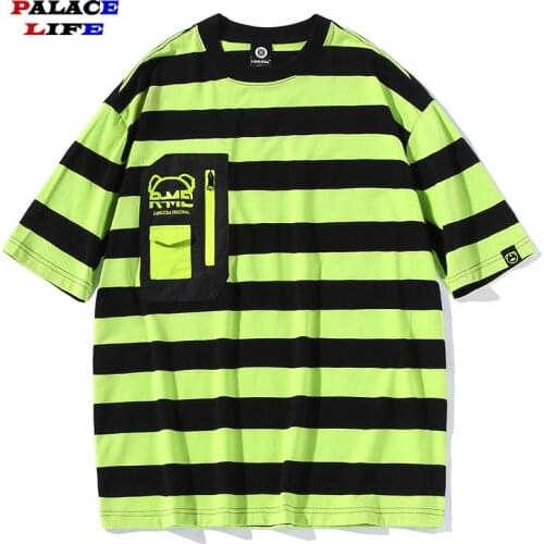 Men T Shirt Striped Pocket Print Hit Color Oversized T-shirt Harajuku Hipster Cotton Short Sleeve Tops Tees Streetwear Summer