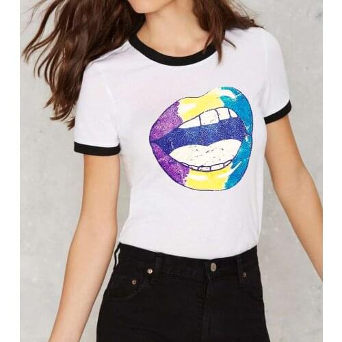 Womens T-shirt Mardi Gras Colorful Mouth Shirts Glitter Lips Shirt Mardi Gras Gift fashion casual pure cotton 90s aesthetic tee