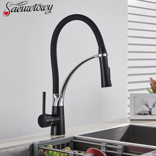 Chrome Pull Down Kitchen Faucet with Black Hose Deck Mounted Hot and Cold Water Mixer Sink Tap Swivel Kitchen Faucet with Brass