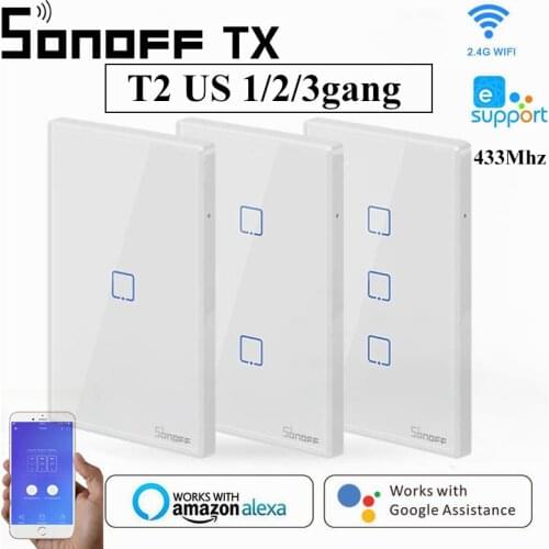 SONOFF T2US TX Smart Wifi Touch Wall Light Switch 1/2/3 Gang 433 RF/Voice/APP Control Works With Alexa Ewelink Home Automation