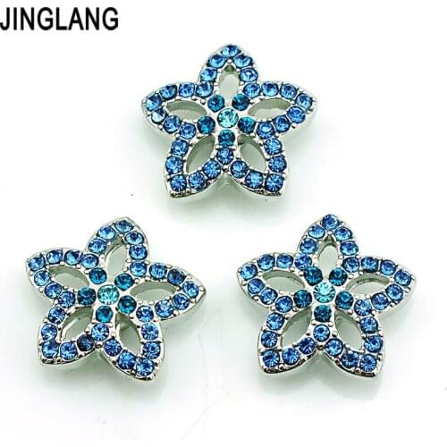 JINGLANG Fashion 18mm Snap Buttons Blue Rhinestone Flower Metal Casp DIY Interchange Bracelets Accessories Jewelry