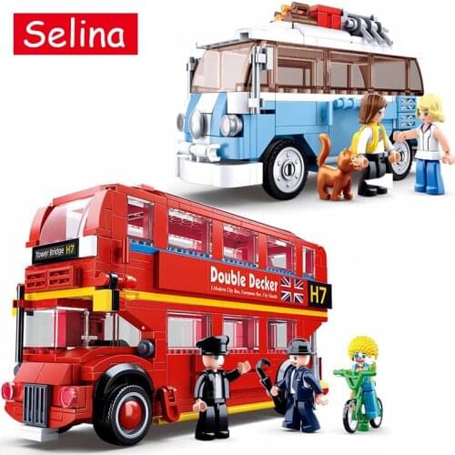 London Double Decker Red Tour Bus School Bus Station Building Blocks Brick Car Toys for Children Vehicle Classic