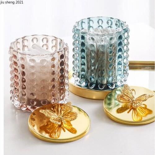 Creative Glass Storage Jar Luxury Bead Point Cotton Swab Jewelry Box Household Butterfly Sealed Jar Desktop Cosmetic Storage Box