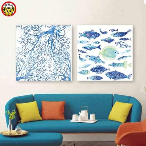 Painting by numbers art paint by number Diy Cartoon Blue Fish Branches Colouring hand-painted decorative paintings and oil pai