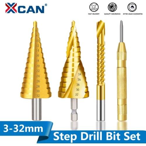 XCAN HSS Step Drill Bits Set 3-13 -20 4-32mm with Center Punch Drill Titanuim Coated Wood Metal Cone Drill Bit Hole Cutter Set