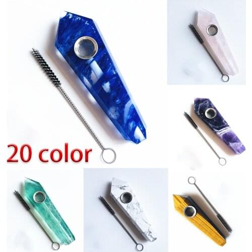 Natural Amethyst Fluorite Crystal Point Smoking Pipe Portable Gemstone Healing Tobacco Smoking Metal Filter Pipe Stone Polished