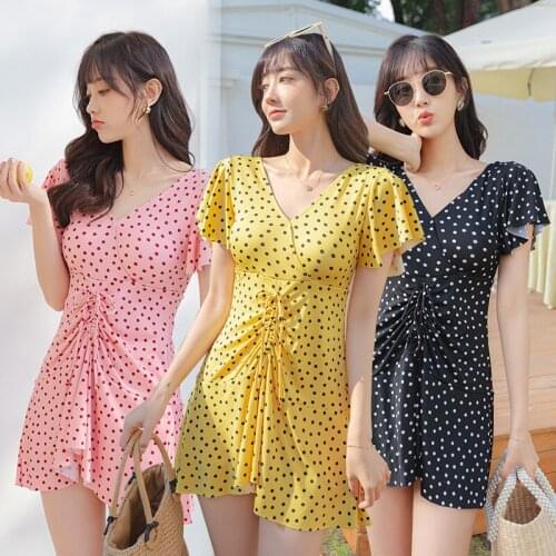 2021 New Summer One Piece Swimsuit Women Dot Swimwear Skirted Monokini Push Up Swim Suit Korea Style Bathing Suit