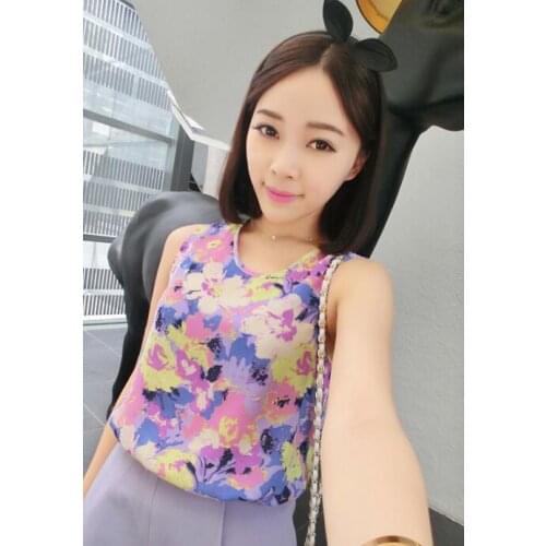 One size new sleeveless lip flowers print chiffon t shirts women girls tops tees qt018