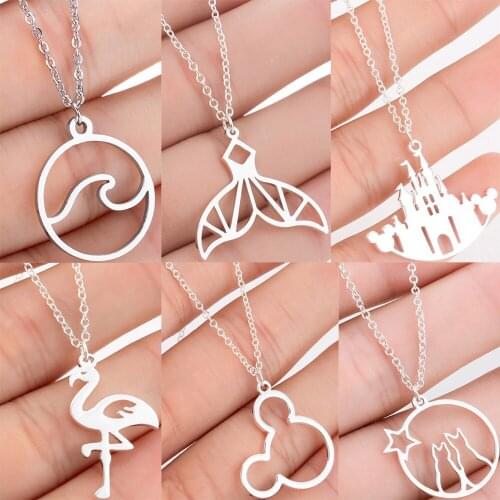 Stainless Steel Necklace Women Girls Family Friends Party Birthday Gift Hollow Animal Moon Cat Mouse Castle Mermaid Tail Pendant