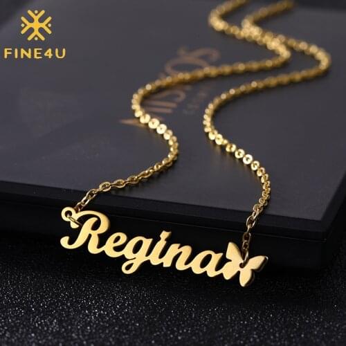 FINE4U N578 Personalized Custom Name Necklace Script Initial Nameplate Necklace Jewelry for Girls Womens Birthday Gift